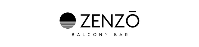 Horizontal black and white logo of Zenzo Balcony Bar, featuring a circular design with horizontal stripes on the left and the text 'ZENZŌ BALCONY BAR' in modern typography on a white background.