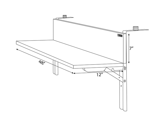 Technical illustration of the Zenzo Balcony Bar with dimensions labeled. The bar measures 48 inches wide, 12 inches deep, and the mounting panel is 7 inches high, showcasing its compact and functional design for balconies.